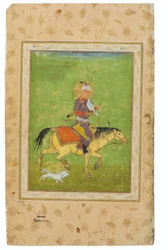 Uma pintura de Iraj a cavalo caçando com um falcão, Índia, período Mughal, final do século XVI (pigmentos opacos e ouro em wasli)