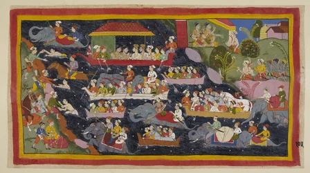 Adicionar 15296 (1) f.103r, Os dois príncipes resolveram agora usar roupas de ascetas como seus irmãos exilados, Ainda em seu acampamento à direita, Bharata diz a Guha para buscar barcos suficientes para transportá-los todos para a margem oposta do rio. o 