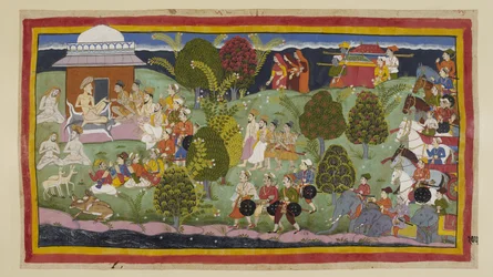 Adicione 15296 (1) f.105r, Os dois príncipes, os brâmanes e os ministros aproximam-se do eremitério de Bharadvaja a pé, com as três rainhas a uma distância no horizonte seguidas por suas liteiras. O exército com seus elefantes e carruagens espera atrás. No