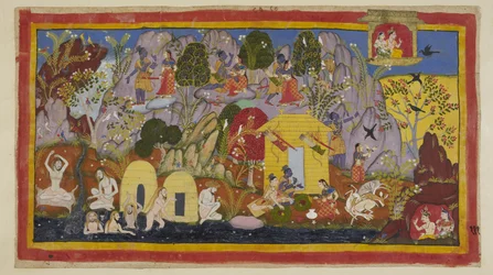 Adicionar 15296 (1) f.111r, Enquanto isso, tudo está em paz com os exilados em sua residência na montanha Citrakuta. Rama aponta suas belezas Sita - as muitas variedades de lindas árvores e pássaros, as rochas coloridas por pedras preciosas e minerais, e o