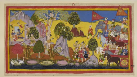 Acrescente 15296 (1) f.112r, O tumulto do exército que se aproxima tendo alarmado Rama, diz a Laksmana para subir a uma árvore para descobrir o que está a causar o barulho. Laksmana sobe a uma árvore em flor e reconhece ao longe o padrão de Bharata com a o