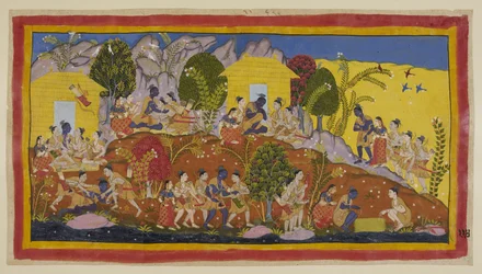 Adicionar 15296 (1) f.114r, No topo, no centro, Bharata e Shatrughna atiram-se aos pés de Rama, que abraça os seus irmãos mais novos e cheira as cabeças de Sitaeir. Rama leva-os ao seu colo enquanto pergunta pelo seu bem-estar e pelo do seu pai, e h