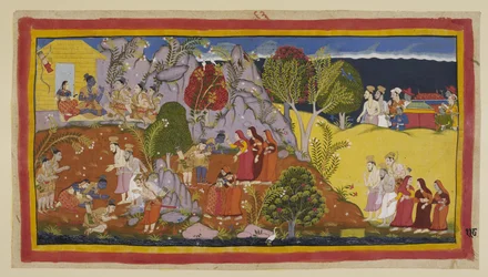Adicionar 15296 (1) f.118r, Os Brâmanes e as rainhas nas suas ninhadas aproximam-se. Kausalya indica o lugar junto ao rio onde Rama ofereceu a água ritual e lamenta a qualidade lamentável das pindas, tal como oferecida ao seu falecido marido. Os três exila