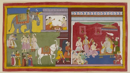 Adicione 15296 (1) f.11r, Dasaratha, entronizado em durbar, conta aos brâmanes Vasistha e Vamadeva e seu ministro Sumantra de sua intenção de renunciar seu trono a Rama como regente; à esquerda, estes três invocam Rama e Laksmana. Acima, quatro brâmanes co