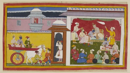 Adicione 15296 (1) f.12r, Sumantra traz Rama e Laksmana em uma carruagem para o salão durbar de Dasaratha, com uma mulher olhando de cima através de um jharokha. O rei cumprimenta Rama, informa-o de sua decisão e o senta em um pequeno trono ao lado dele en