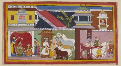 Adicione 15296 (1) f.13r, À direita, Rama deixa o palácio de Dasaratha em uma carruagem para retornar ao seu próprio palácio, enquanto o rei, acima, olha por uma janela acarpetada de jharokha para seu filho que parte; à esquerda, homens que trazem notícias