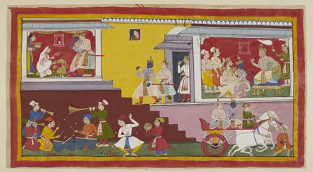 Acrescente 15296 (1) f.14r, À direita, Dasaratha diz novamente a Rama que o fará rei, com Vasistha, Laksmana, outro brâmane e ministros na presença. Rama e Laksmana deixam então o rei para chamar Kausalya, à esquerda, que, vestido de branco, está a