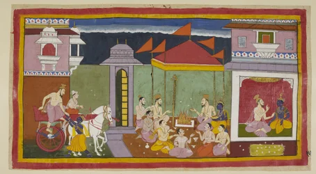 Adicione 15296 (1) f.15r, À esquerda, Vasistha chega ao palácio de Rama e com a ajuda de Rama desce de sua carruagem, e à direita, sentado com Rama, aconselha-o a jejuar naquela noite conforme instruído pelo rei. Uma pilha de grama kusa para Rama e sente-s