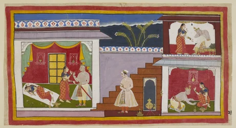 Acrescentando 15296 (1) f.24r, Kaikeyi é vista pela primeira vez à esquerda, desgrenhada, como na foto anterior, e depois levanta-se da sua cama para persuadir o seu marido a conceder-lhe as duas bênçãos que Dasaratha lhe tinha prometido anteriormente. À d