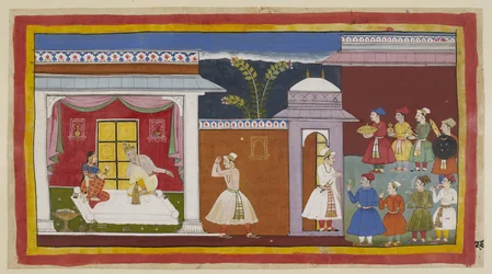 Acrescente 15296 (1) f.27r, Vasistha disse a Sumantra para dizer ao rei que tudo está pronto, e ele informa Dasaratha sobre isto. Kaikeyi diz-lhe, com o consentimento silencioso de Dasaratha, para ir buscar Rama. Fora da entrada do palácio à direita, os ci