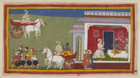 Adicione 15296 (1) f.29r, Sumantra chega em uma carruagem ao palácio de Rama, encontra-o sentado em um sofá, agora vestido com dhoti e uttaraiya amarelos em vez de seu traje contemporâneo anterior, e com Sita acenando com um lenço sobre ele. Sua testa é un