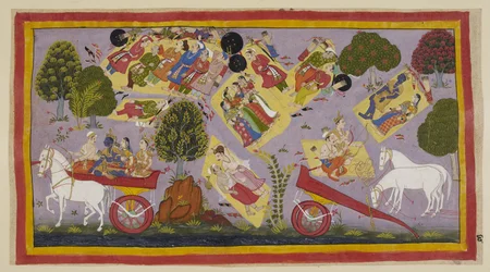 Acrescente 15296 (1) f.61r, Os exilados chegaram ao rio Tamasa e passaram a noite nas suas margens, ainda rodeados pelos habitantes da cidade em luto. Sita e Rama dormem sobre um leito de relva, enquanto Laksmana e Sumantra falam das virtudes de Rama, e os
