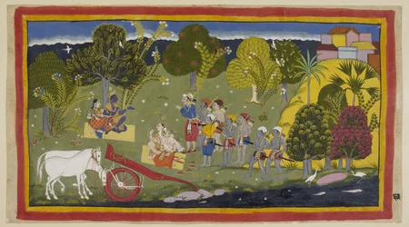Adicionar 15296 (1) f.63r, Os companheiros chegaram ao rio Ganga em Srngaverapura Rama e Sita estão sentados em uma esteira de palha debaixo de uma árvore, destinada a ser uma árvore Ingudi, enquanto Laksmana e Sumantra estão igualmente sentados de frente 