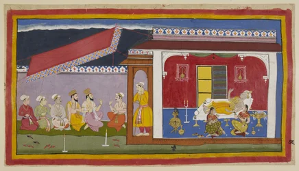 Adicione 15296 (1) f.76r, Dasaratha está deitado em sua cama em seu quarto, as duas rainhas sentadas ao lado dele, as três em atitude de conversar, enquanto tentam consolar uma à outra. Do lado de fora da sala, brâmanes e ministros conversam com Sumantra. 