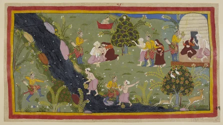 Acrescente 15296 (1) f.79r, Dasaratha conta às rainhas sobre o incidente na sua juventude quando matou acidentalmente o filho de um sábio enquanto caçava. À esquerda, Dasaratha aponta erroneamente o seu arco através das árvores para o jovem, que está a enc