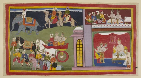 Adicione 15296 (1) f.84r, Os mensageiros, em uma câmara superior, dizem aos príncipes para retornarem a Ayodhya. Abaixo, na sala do trono, vestidos para a viagem, os príncipes se despedem do rei Kaikeyi e de seu filho Yudhajit. Eles se sentam em uma carrua
