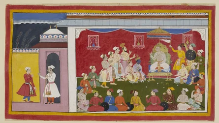 Acrescente 15296 (1) f.8r, Dasaratha está sentado no seu trono em pleno durbar, com Rama e Laksmana ajoelhados ao seu lado, enquanto o mensageiro enviado por Bharata da corte do seu avô diz ao rei Sitae como os seus outros dois filhos estão a estudar dilig