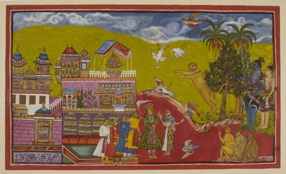 Adicionar 15296 (2) f.14r, Sugriva e os seus aliados vieram ao palácio de Bali em Kiskindha. Sugriva ruge o seu desafio de tal forma que as aves caem do céu em susto. Bali, a sua rainha Tara e os seus ministros emergiram ao ouvir o alvoroço. Th