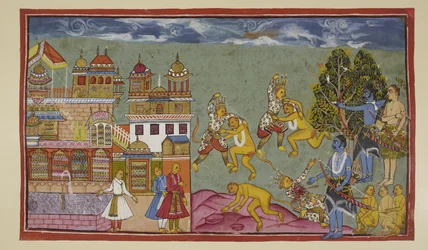 Adicionar 15296 (2) f.18r, Fora do palácio, Sugriva e Bali batem um no outro furiosamente com punhos e pregos e depois rasgam árvores e pedras, mas Bali é o mais forte e lentamente Sugriva é obrigado a ceder terreno. Quando Rama vê que Sugriva está a perde