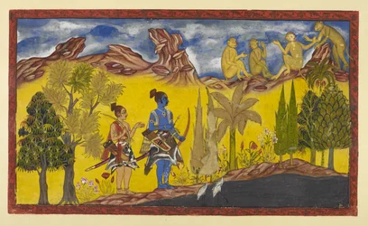 Adicionar 15296 (2) f.2r, Em sua busca desesperada pela Sita sequestrada, Rama e Laksmana chegaram ao lago Pampa, que é coberto de lótus e cercado por árvores floridas. É a estação da primavera e Rama é continuamente lembrado pelo bi de acasalamento