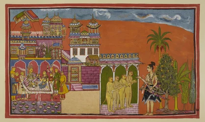 Adicione 15296 (2) f.33r, O furioso Laksmana alcançou o portão de Kiskindha, onde é recebido por Angada, filho de Bali, e outros macacos. Dentro do palácio, o Sugriva coroado, sentado com o sábio Tárã em um sofá, é lentamente trazido de volta de seu slo.