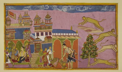 Acrescente 15296 (2) f.38r, Laksmana entra no palácio de Sugriva, e é recebido por este último curvando-se ao chão, com os seus ministros atrás de si. Os dois são reconciliados. À esquerda, Sugriva e Laksmana convergem num sofá. Sugriva diz a Hanuman para 