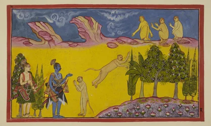 Acrescente 15296 (2) f.3r, Sugriva está no início assustado, pensando que estes guerreiros armados foram enviados pelo seu irmão usurpador Bali para o destruir. Ele envia o seu sagaz ministro Hanuman para saber mais sobre os dois estranhos. Hanuman apresen