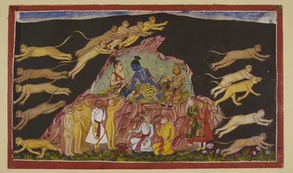 Add 15296 (2) f.49r, Rama, Laksmana e Sugriva estão sentados numa elevação rochosa. Sugriva divide as suas vastas forças em quatro e envia-as à procura de Sita nos quatro pontos cardeais. A cada comandante descreve o terreno que irão encontrar