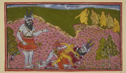 Acrescente 15296 (2) f.59r, Os macacos que foram para sul, incluindo Hanuman e Angada, deparam-se com uma enorme asura (demónio), azul e escamosa, com chifres e um maça. Pensando que é Ravana, Angada atira-o ao chão e estripia-o, enquanto os outros macacos