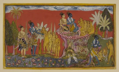 Acrescentando 15296 (2) f.5r, Hanuman traz agora Rama e Laksmana para a presença de Sugriva na montanha. Rama e Sugriva apertam as mãos em sinal do seu voto de amizade, observados por Laksmana e pelos outros macacos; e depois, num espírito semelhante, os d