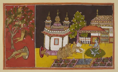 Acrescente 15296 (2) f.61r, Ainda desesperadamente à procura de Sita no deserto montanhoso, os macacos encontram a entrada para uma caverna sedutora. À esquerda, num painel separado, os macacos cavam numa árvore florida no exterior da pequena entrada da ca