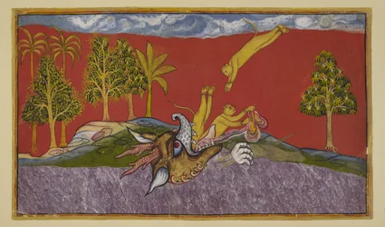 Acrescentar 15296 (2) f.87r, Hanuman mergulha na boca da demonesa Siṃhika