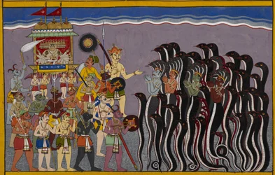 Adicionar 15297(2) f.43r Ravana desce para as regiões aquáticas ou rasatala, o inferno situado no fundo do oceano. Vasuki, o deus da água e as nagas são retratados com as mãos unidas sendo subjugados por Ravana na sua carruagem que está rodeada de demonstr