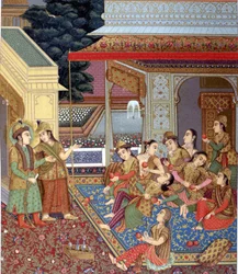 Um harém indiano. Ilustração de uma miniatura de Moghol (escola de miniaturistas indianos dos séculos XVI e XVII).