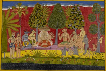 Espantado com a força de Bali, Rāvaṇa oferece-lhe amizade; sentam-se juntos a mastigar paan
