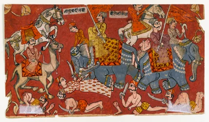Cena de batalha de uma série Bhagavata Purana, c.1625-50 (aguarela e ouro sobre papel) (verso de 499329)