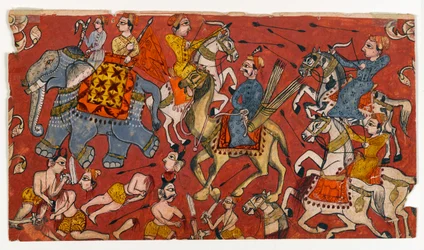 Cena de batalha de uma série Bhagavata Purana, c.1625-50 (aguarela & ouro sobre papel) (recto de 499330)