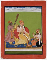 Bhao Singh entronizado com um nobre a seus pés, c.1680 (wc opaco e ouro sobre papel)
