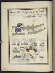 Construtores de barcos,  86 desenhos encadernados em um volume representando ofícios e ocupações na Caxemira, artesãos são mostrados trabalhando com seus implementos e equipamentos,  Por um artista da Caxemira, provavelmente em Srinagar, c.1850-60 (guache 