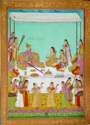 Bolaqui (ou khosrou) filho em Jihangir com a Corte de Shah Alem. Miniatura de uma história de viagem de Niccolo Manucci (1638 - 1717), explorador veneziano. Índia