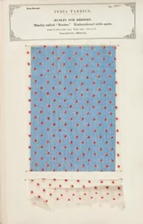 Amostra de musselina bordada com manchas de Dacca em Bengala, da Coleção dos Fabricantes Têxteis da Índia, de John Forbes Watson, publicada em 1866