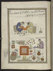 Bordadoras grosseiras; costureira, para unir peças de xale, enrolar o fio em uma bola,  86 desenhos encadernados em um volume representando ofícios e ocupações na Caxemira, artesãos são mostrados trabalhando com seus implementos e equipamentos,  Por um art