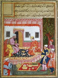 Cortesãos, trazendo, ofertas, fruta, príncipe, 1570-1600