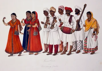 Dançarinas e músicos, c.1828 (lito a cores)
