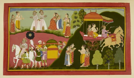 Dasaratha e as suas rainhas regressam a Ayodhya, deixando Rishyasringa e Shanta para trás