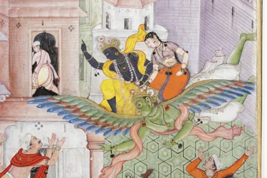 Detalhe de Krishna Fere o Demônio Narakasura com seu Discus, c.1585-90 (wc opaco e ouro no papel)