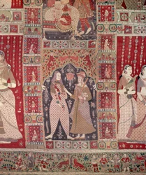 Detalhe de uma parede decorada com figuras europeias (algodão pintado)