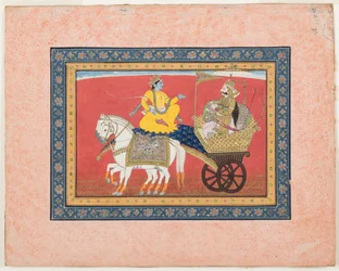 Diálogo entre Krishna e Arjuna no campo de batalha de Kurukshetra, c.1820 (aquarela opaca e ouro sobre papel)