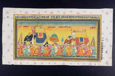 Dignatários cavalgam nas costas de um elefante em um howdah assistido por um mahout ou motorista de elefante, pintura em miniatura de Rajasthani