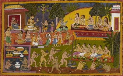 Durante o sacrifício de Aśvamedha, Vibhīṣaṇa honra os ascetas. Bharata e Śatrughna ajudam nos rituais